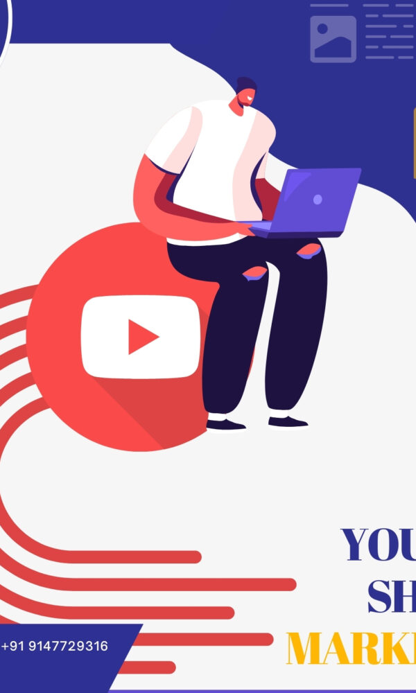 Illustration of a person using laptop on YouTube logo with text YouTube Shorts Marketing by Adologie digital marketing agency