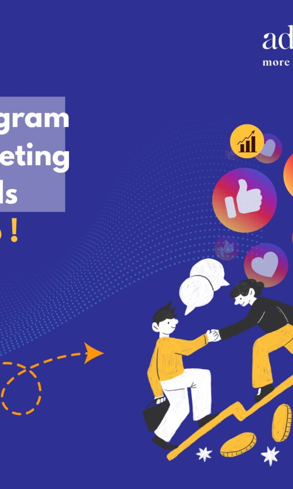 Instagram Marketing Trends 2025 illustration showing growth, likes, and social media engagement icons by Adologie.