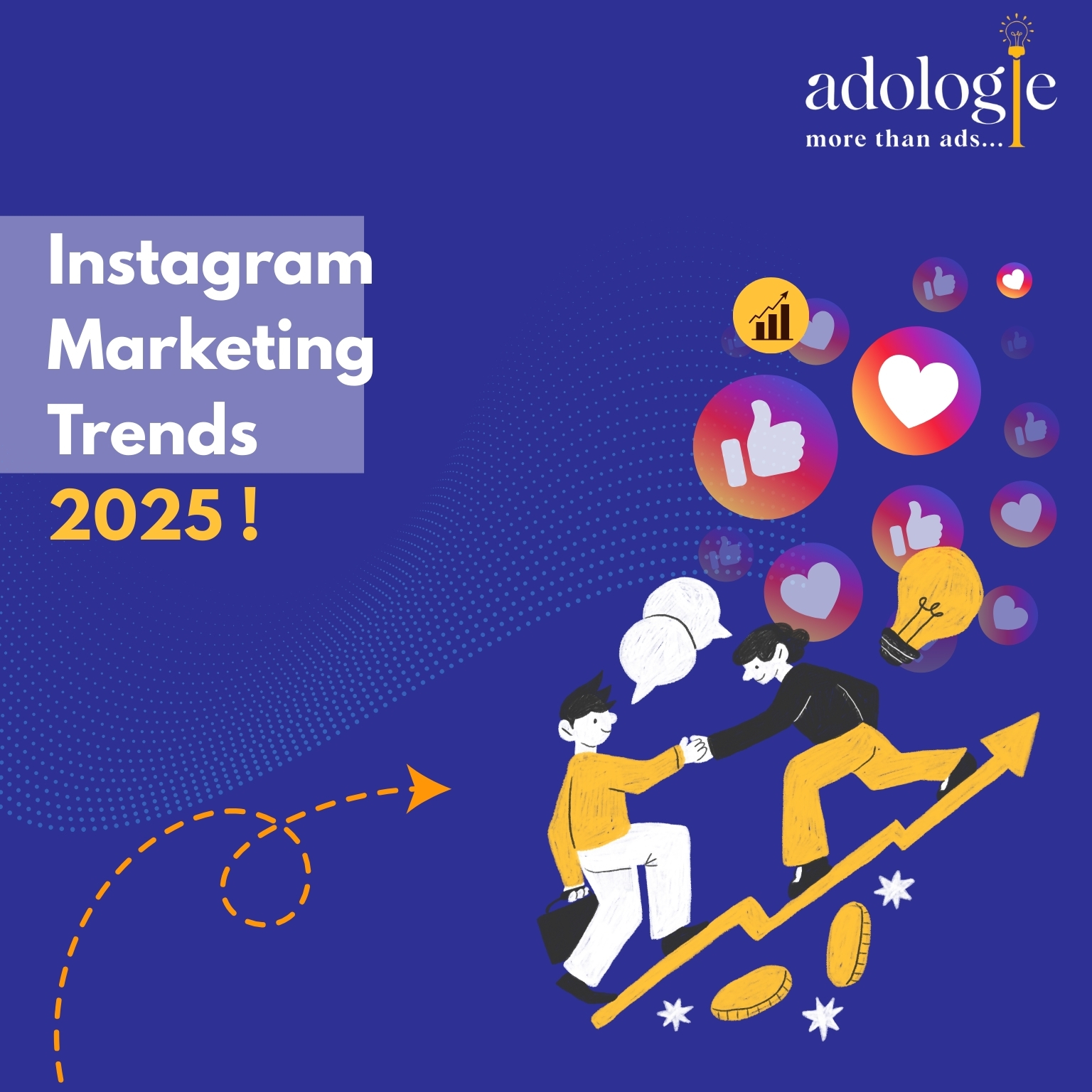 Instagram Marketing Trends 2025 illustration showing growth, likes, and social media engagement icons by Adologie.